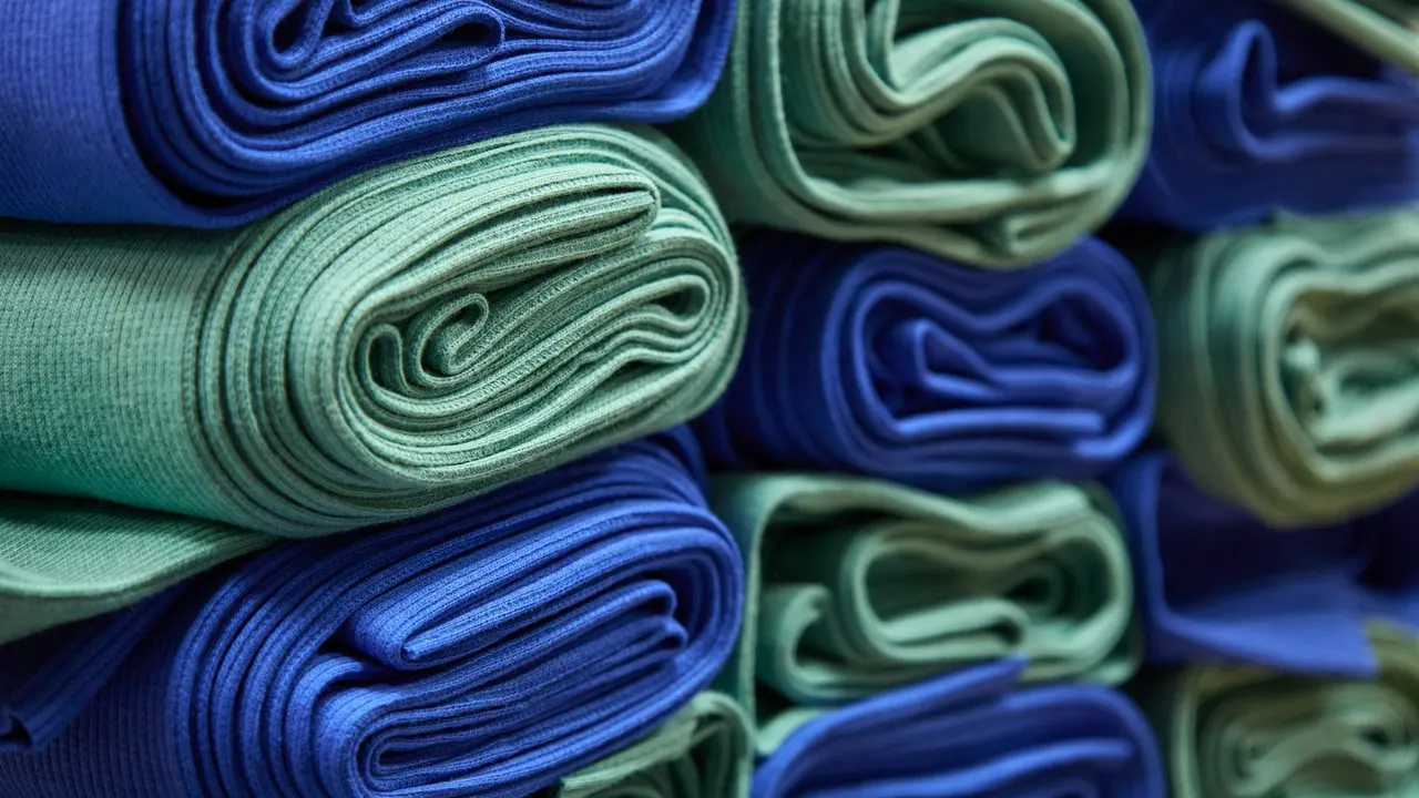 Tecidos dobrados em tons de azul e verde, limpos e organizados