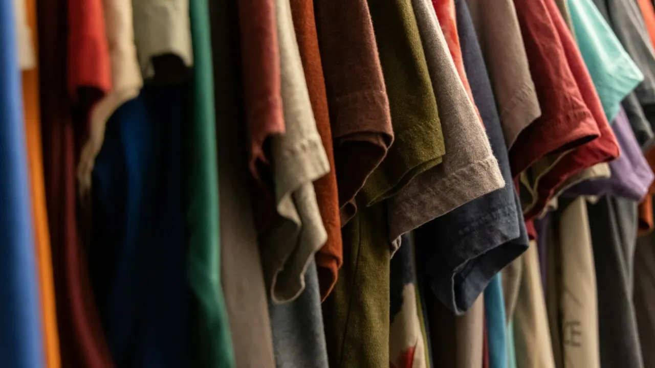 Arara com camisetas de várias cores penduradas lado a lado